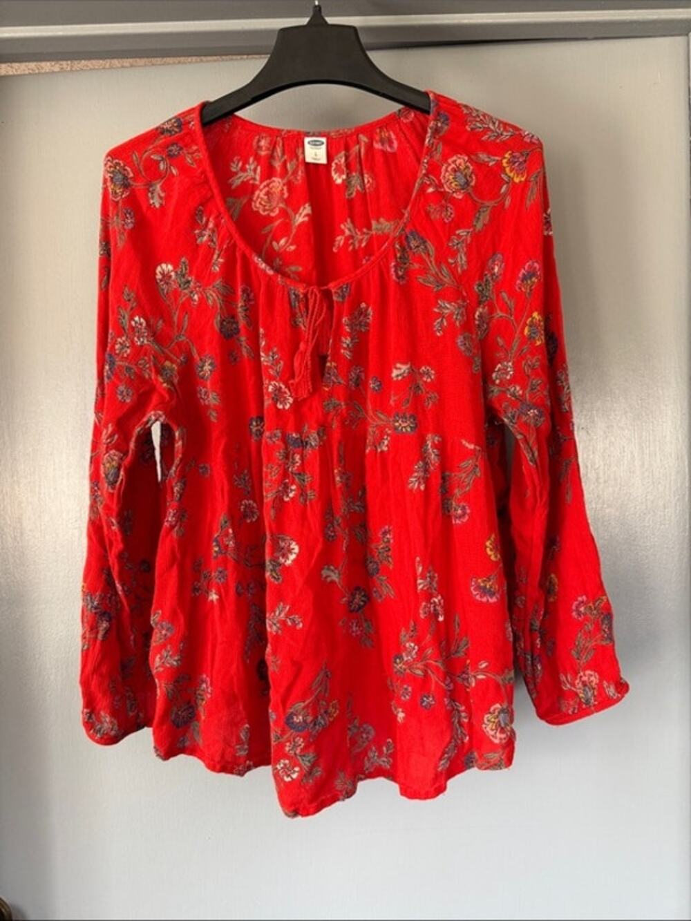 Old Navy Red Floral Babydoll Pullover Top Scoop Neck 3/4 Sleeves Sz Large
